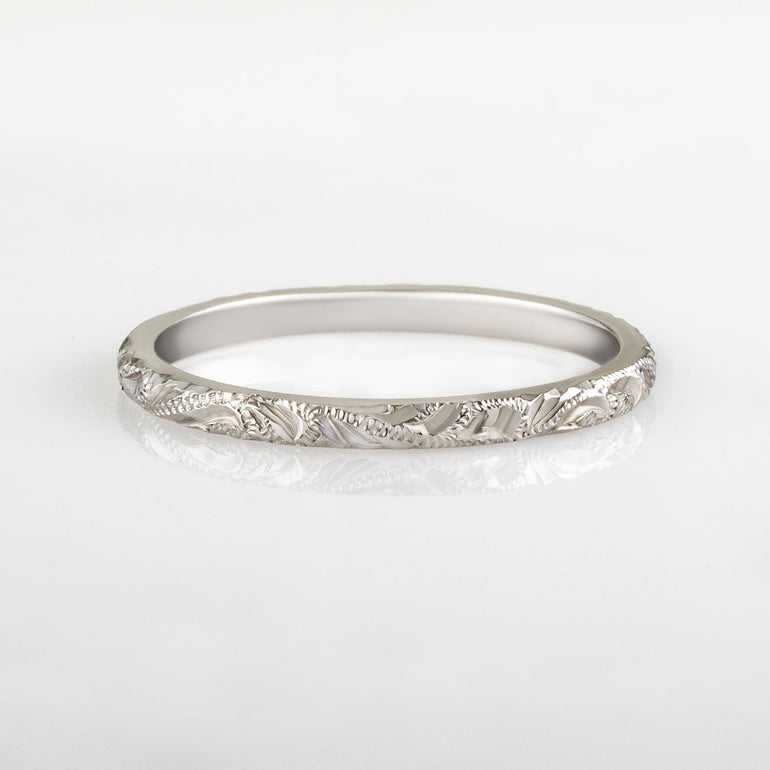 White gold paisley engraved wedding band