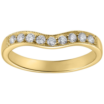 Yellow gold curved wedding band with diamonds