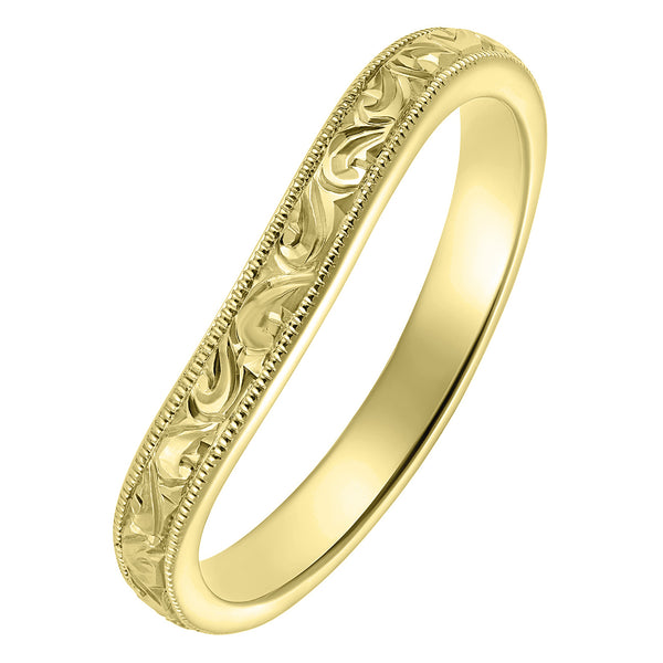 Yellow gold engraved curved wedding ring