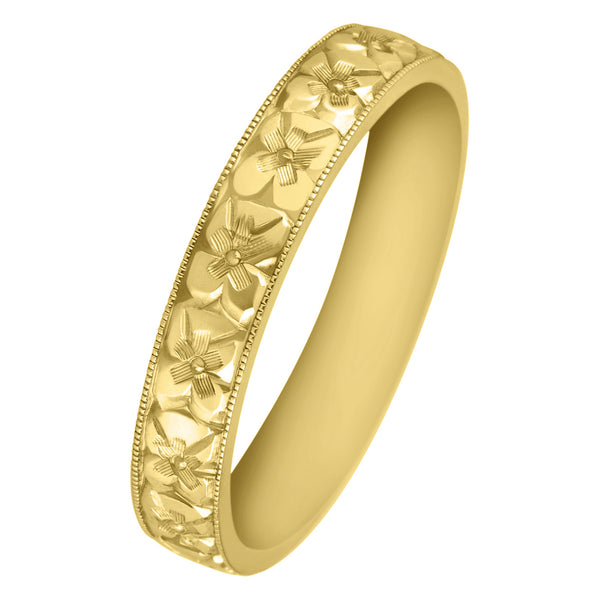 Yellow gold engraved wedding band in flower pattern
