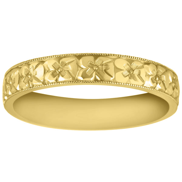 Yellow gold floral engraved mens wedding ring