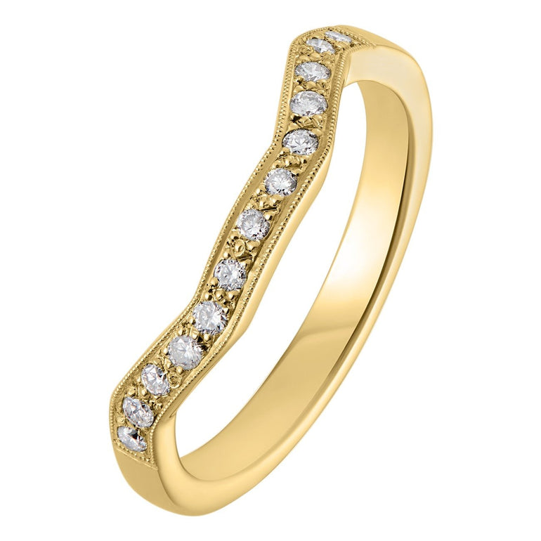 Yellow gold shaped diamond wedding ring with grain set diamonds