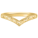 Yellow gold v-shape wishbone wedding ring with vintage scroll pattern
