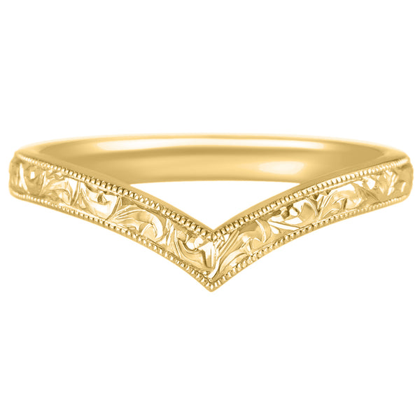 Yellow gold v-shape wishbone wedding ring with vintage scroll pattern
