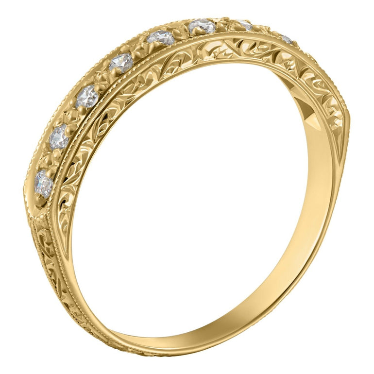 Yellow gold vintage style engraved diamond wedding ring