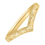 Yellow gold wishbone wedding band with scroll engraving