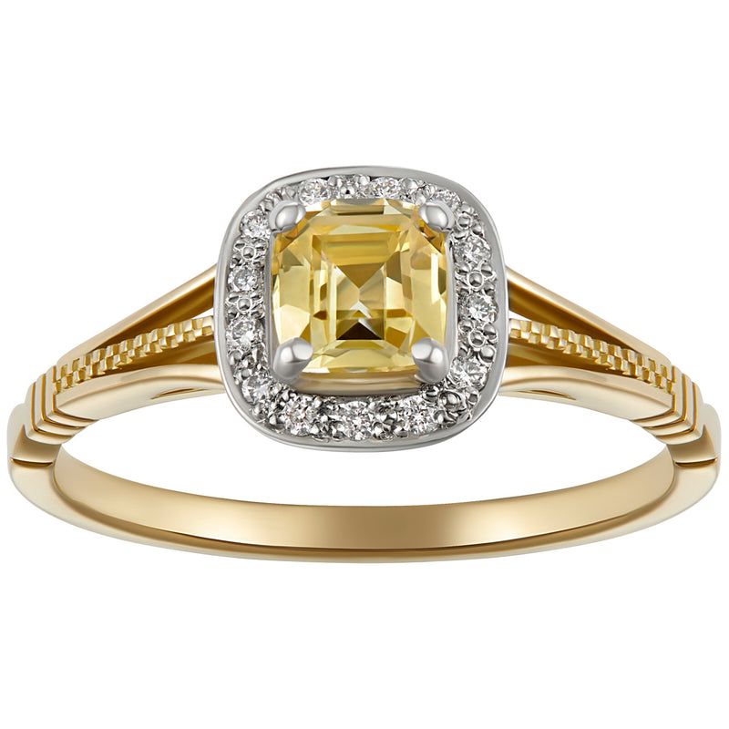 Yellow sapphire diamond halo engagement ring