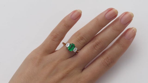 Emerald and diamond 3 stone ring in gold and platinum