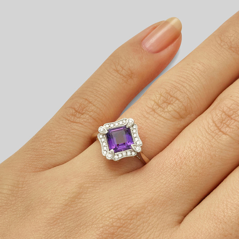 Amethyst and diamond ring in platinum