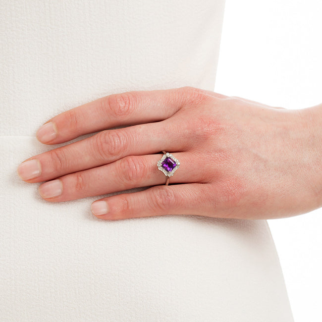 Amethyst and platinum ring on model
