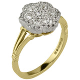 Edwardian diamond cluster ring design in yellow gold and platinum.