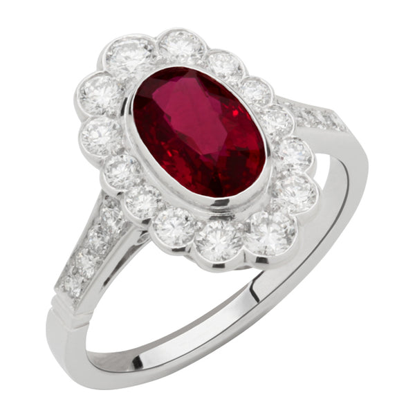 Oval ruby cluster halo ring UK