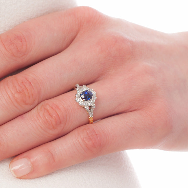 Vintage Sapphire and Diamond Cluster Ring in the Belle Époque Style