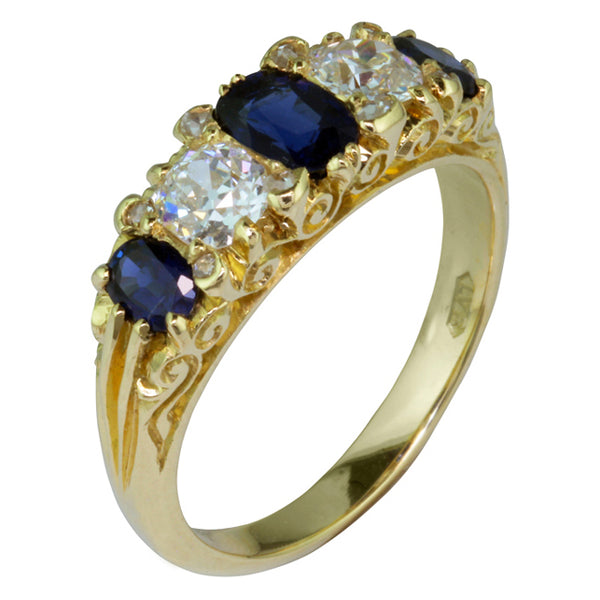 Victorian sapphire and diamond five stone ring in 18ct yellow gold
