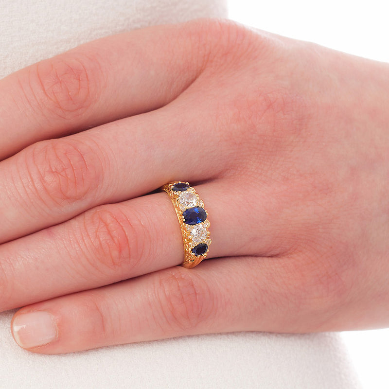Victorian Style Sapphire and Diamond Carved Half Hoop Ring