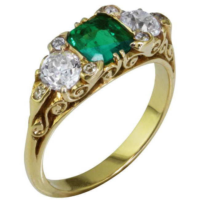 Emerald and Diamond Victorian Carved Half Hoop Ring in Yellow Gold
