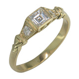 Art Deco Style Square Cut Diamond and Yellow Gold Ring with Heart Shoulders