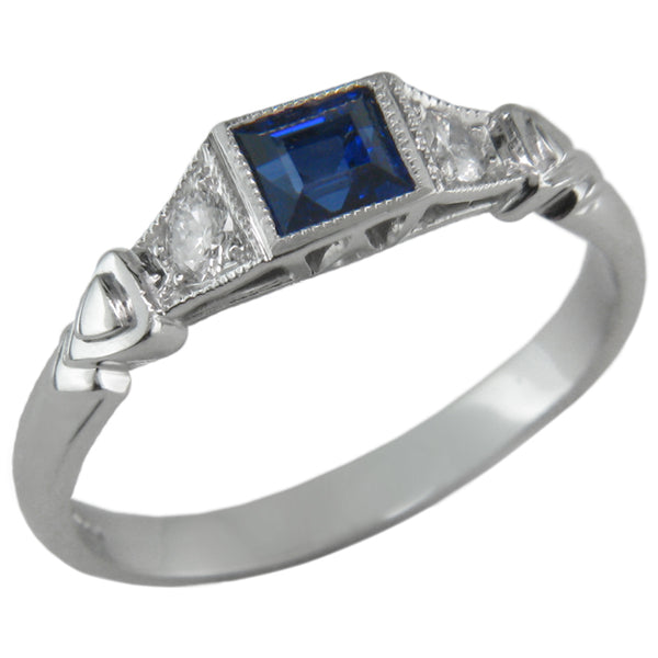 Art Deco Square Sapphire Ring with Diamond Accents