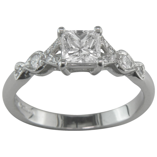 Split diamond shoulder engagement ring in the Edwardian vintage style.