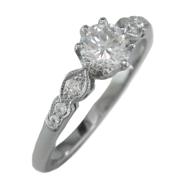 Vintage Style Ring with Millegrain and Curved  Diamond Shoulders in White Gold