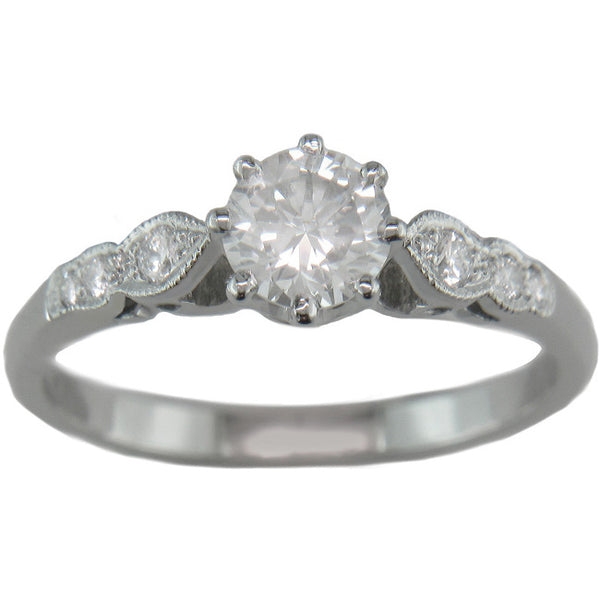 Edwardian Style Engagement Ring in White Gold with Millegrain Diamond Shoulders