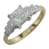 Princess cut diamond engagement ring in gold and platinum, also two tone emerald cut diamond ring.