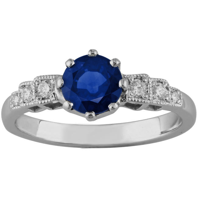 Art Deco style round blue sapphire ring in platinum