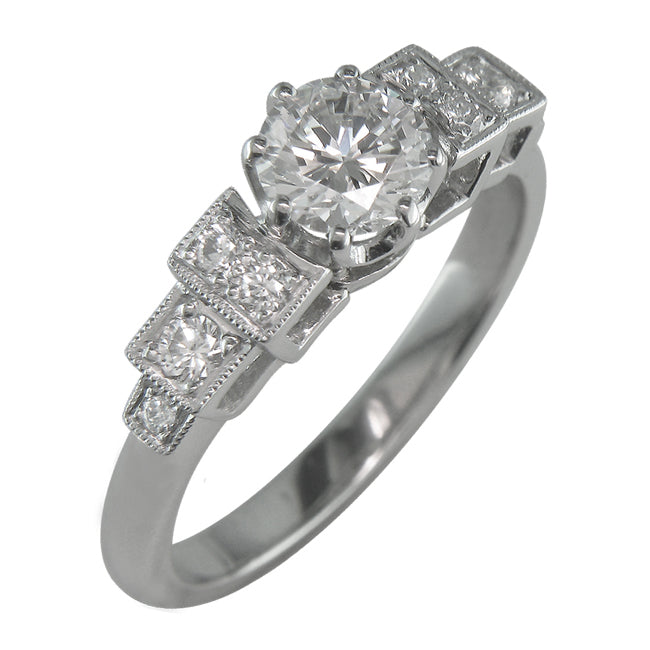 Art Deco Diamond Ring Design with Stepped Shoulders in White Gold