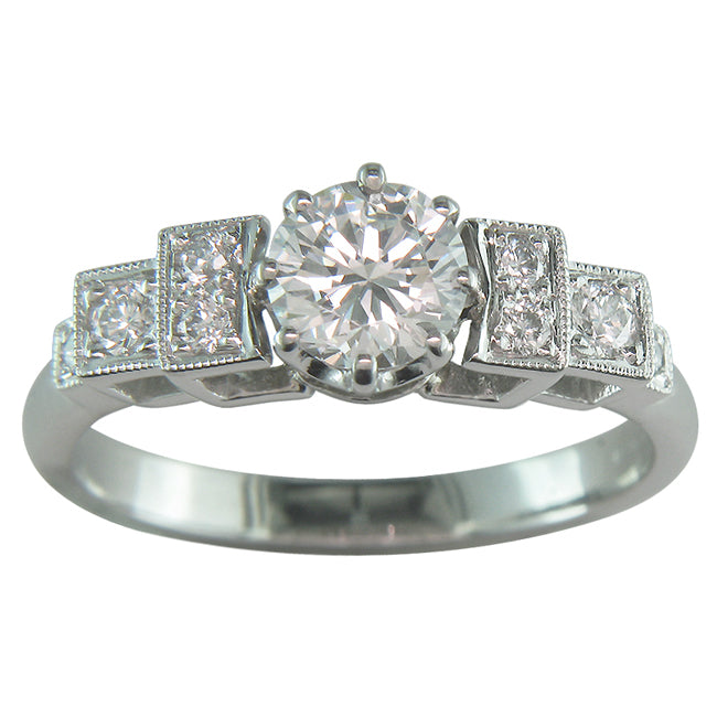 Large Art Deco Diamond Ring Design with Stepped Shoulders in White Gold