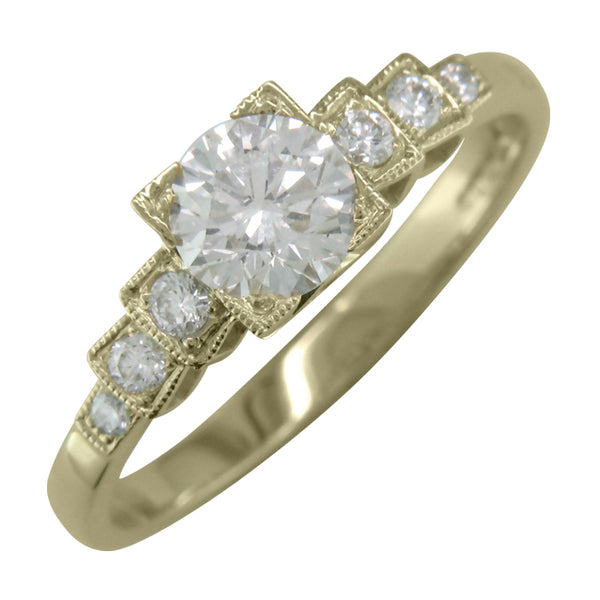 Round diamond yellow gold ring in Art Deco style