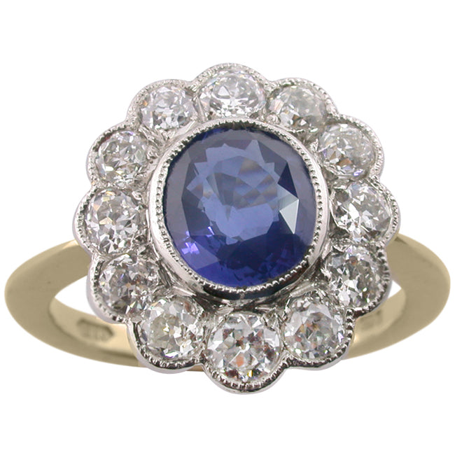 Sapphire and Diamond Cluster Ring in Platinum with Yellow Gold Band