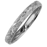 Engraved wedding ring with leaf pattern white gold