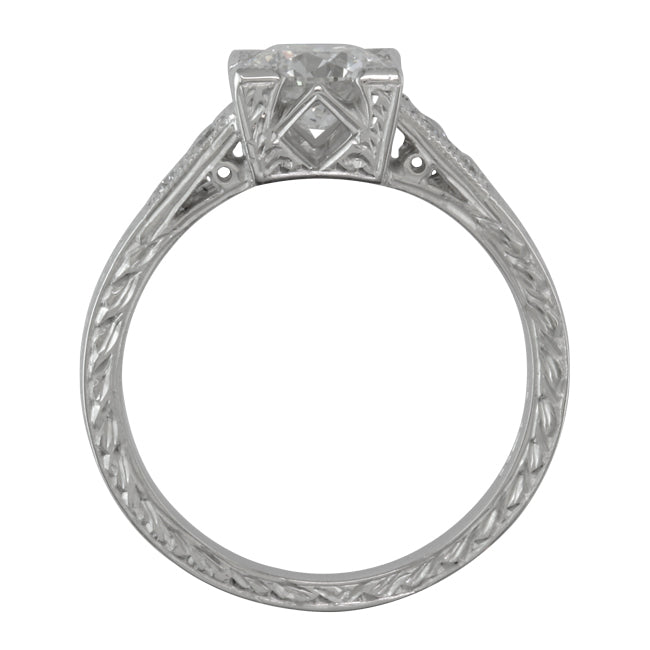Side view white gold diamond ring with engraving