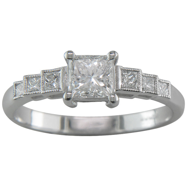Diamond and platinum ring with princess cut diamond shoulders from UK diamond merchants.