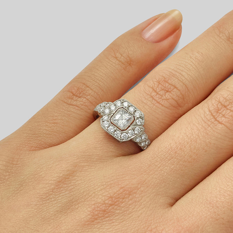 Vintage asscher cut diamond ring in platinum