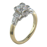 Vintage style ring setting with baguette cut diamonds side stones in two tone platinum and gold.