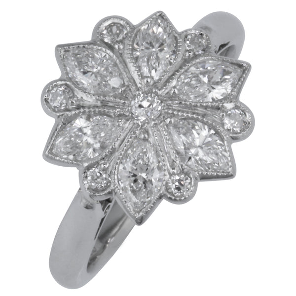 Diamond cluster flower ring Edwardian vintage design.