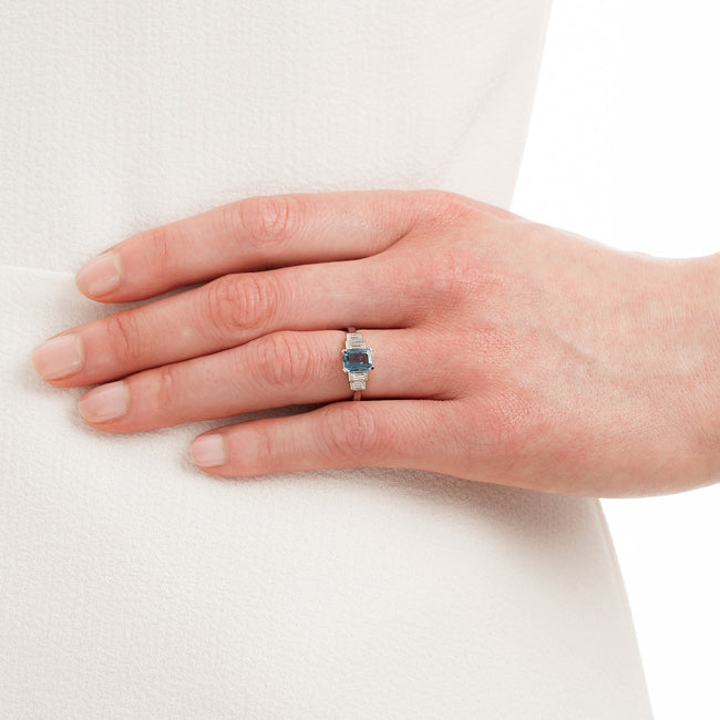 Large aquamarine engagement ring on model