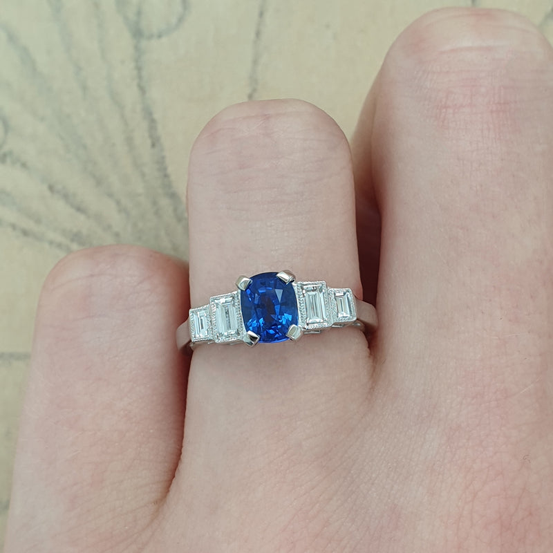 7.30 Carat Emerald Cut Blue Sapphire and Diamond Ring – David Gross Group