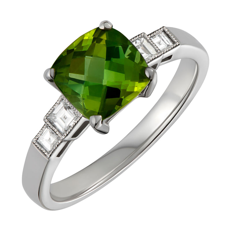 Tourmaline engagement ring with step-cut diamonds in white gold