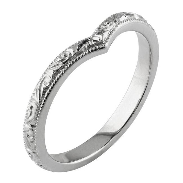 White gold engraved v-shaped wedding ring