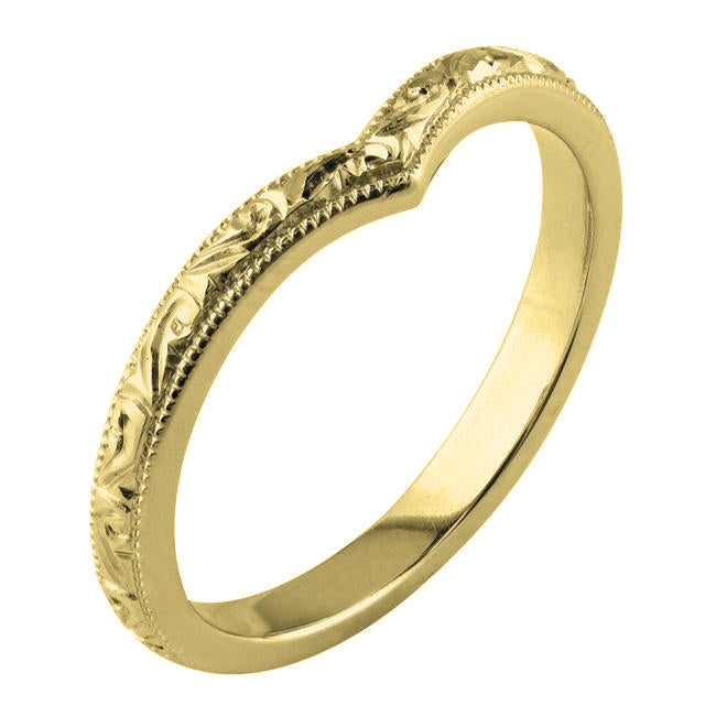 Yellow gold engraved v-shape wishbone wedding ring