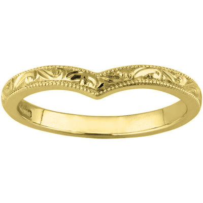 Engraved yellow gold wishbone v-shape wedding ring