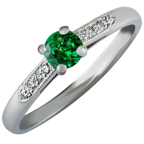 Edwardian Style Tsavorite Engagement Ring with Diamonds and Heart Motif