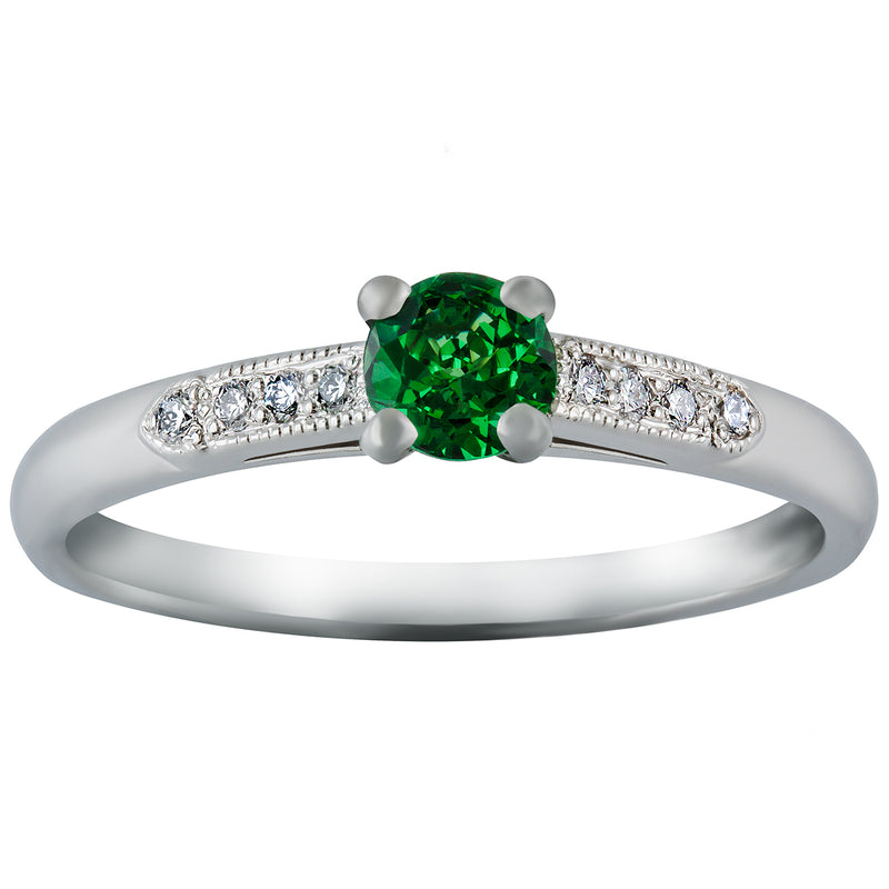 Edwardian Style Tsavorite Engagement Ring with Diamonds and Heart Detail