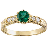 Unique engraved emerald engagement ring in yellow gold