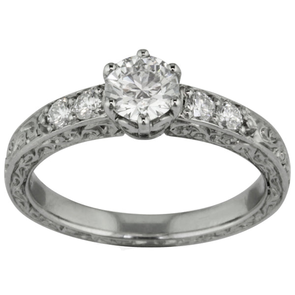 Engraved Scroll Pattern Diamond and Platinum Art Deco Style Engagement Ring