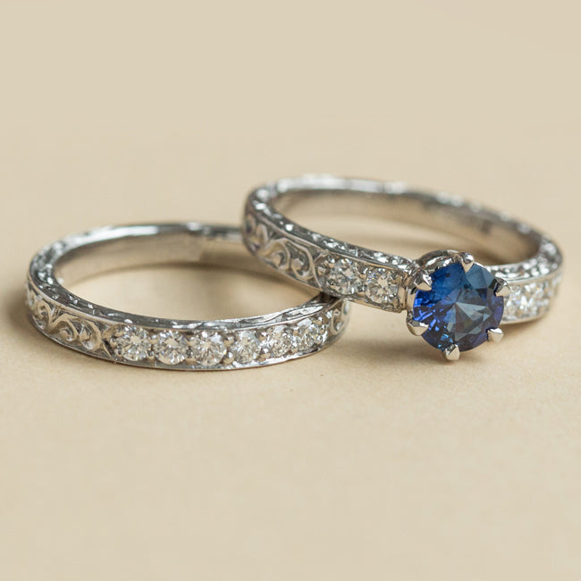 Sapphire engagement ring with matching wedding ring