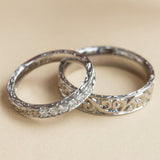 White gold scroll pattern engraved wedding rings set plain or with diamonds