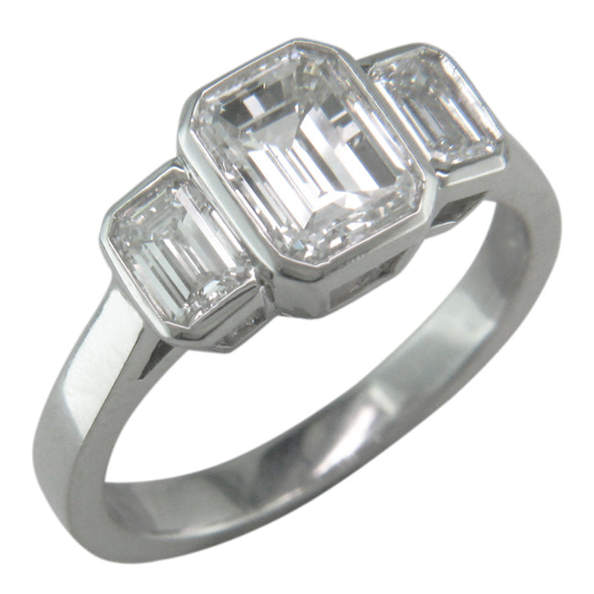 Emerald cut diamond three stone ring from Hatton Garden jewellers